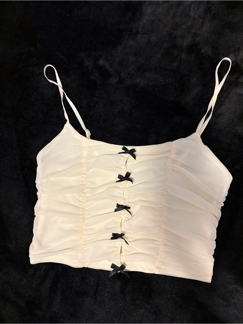 Cream Ruched Spaghetti Strap Top with Contrast Bows